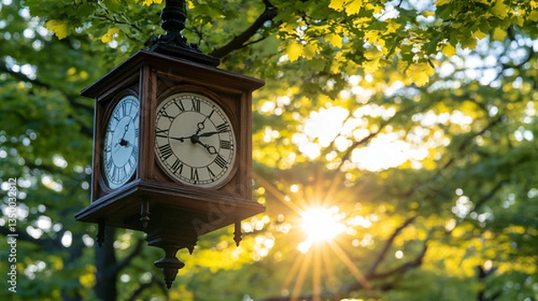 Fototapeta Unique wooden clock hanging from a tree branch bathed in subtle sparkle and soft twilight glow.