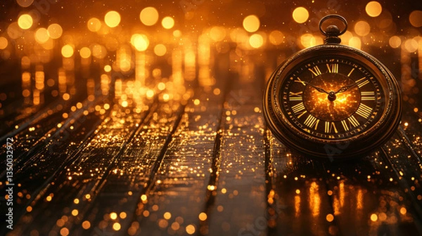 Fototapeta Beautiful wooden clock resting on a table bathed in a soft twilight glow with subtle sparkle enhancing its charm.