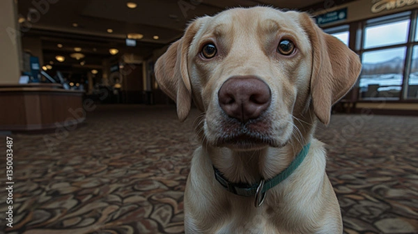 Fototapeta Playful dog sitting happily in a cozy pet-friendly hotel lobby bathed in soft light creating a welcoming atmosphere.