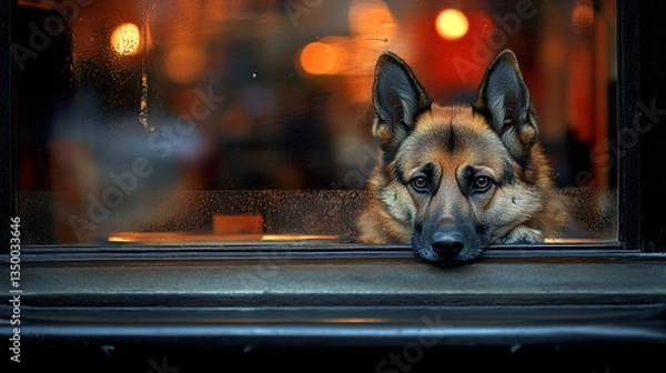 Fototapeta Calm and well-behaved dog gazing out the window in a cafe surrounded by natural light creating a peaceful atmosphere.