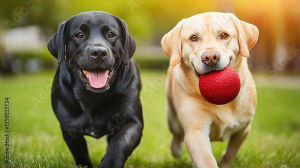 Fototapeta Two playful dogs joyfully running together in a sunlit park fetching a ball underneath the clear blue sky with lush green grass.