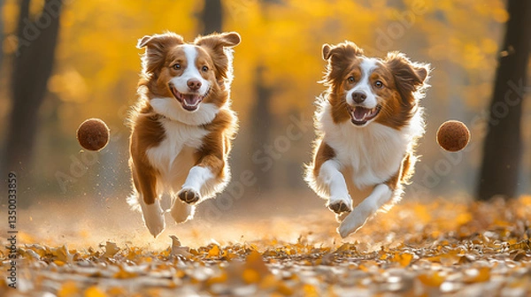 Fototapeta Two energetic dogs running freely through a lush forest with sunlight filtering through the trees creating a joyful atmosphere.