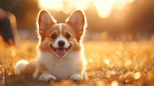 Fototapeta A playful puppy enjoying a moment of pure joy and curiosity as it explores its surroundings in a bright and cheerful environment.
