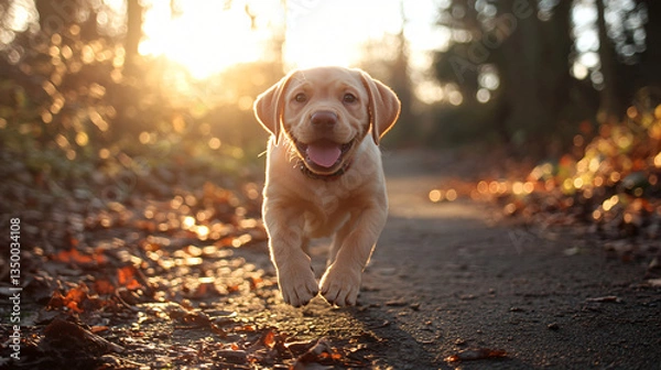 Fototapeta A happy dog running swiftly through a dense forest with lush greenery and sunlight creating a vibrant and joyful atmosphere.