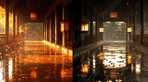 Fototapeta A unique hallway featuring a rain-covered floor reflecting light and creating a serene atmosphere enhanced by floating lanterns for a mystical touch.