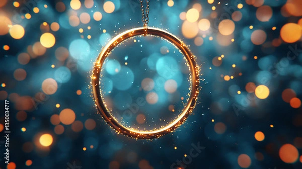 Fototapeta Elegant gold christmas ball hanging delicately from a string against a softly cloudy background invoking warm holiday spirit and festive cheer.