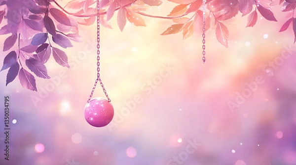 Fototapeta Playful purple background featuring a pink ball hanging delicately from a branch creating a whimsical atmosphere filled with dreamy vibes.