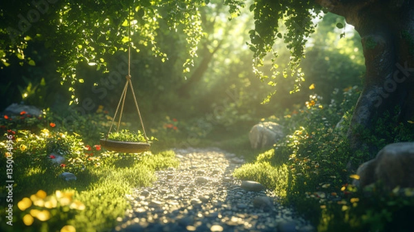 Fototapeta Scenic pathway winding through a lush forest inviting exploration and adventure in a peaceful natural setting surrounded by greenery and serenity.