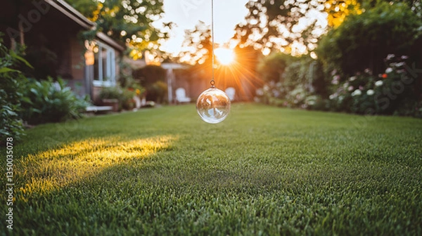 Fototapeta Enchanting bubble floating delicately above lush green grass in a dreamy ethereal landscape capturing whimsy and nature's beauty.