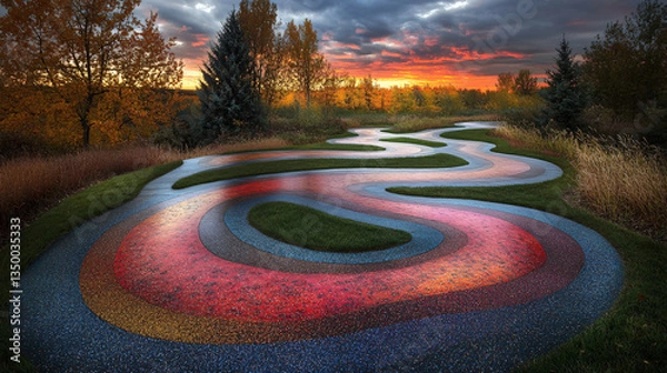 Fototapeta Colorful park landscape featuring a glistening river surrounded by lush greenery and vibrant floral displays creating a scenic oasis.
