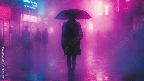 Fototapeta Individual walking through rainy streets bathed in neon light creating a whimsical and dynamic urban experience of movement and life.