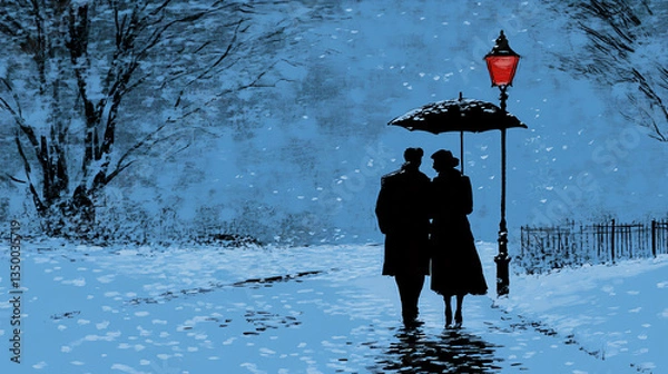 Fototapeta Romantic couple walking hand in hand through the snowy streets illuminated by soft street lights creating a whimsical winter scene.