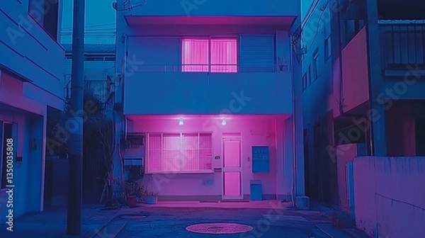 Fototapeta Enchanting street scene illuminated by pink light creating a whimsical urban glow in the bustling neon-radiant night cityscape.