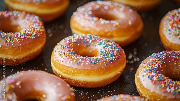 Fototapeta Freshly Baked Donuts with Colorful Sprinkles on a Dark Background