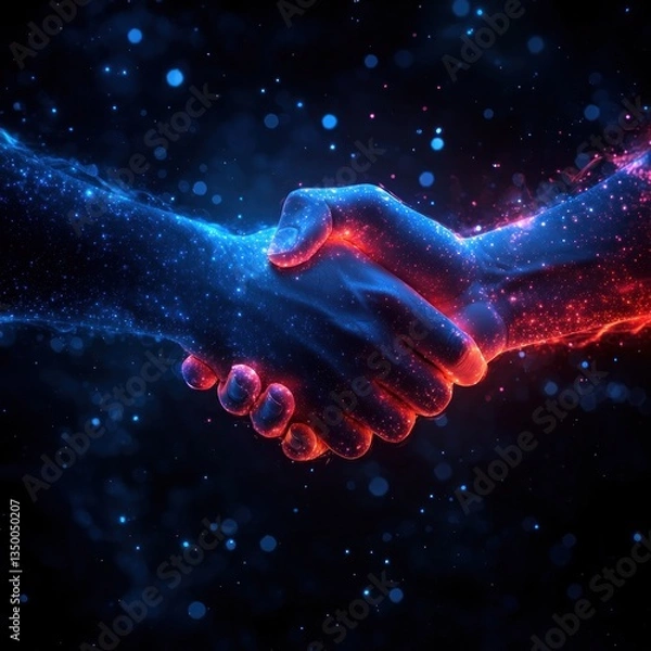 Obraz Two hands shake, glowing with vibrant energy