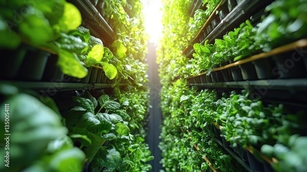 Obraz Vertical farm, lush greenery, sunlight streams through