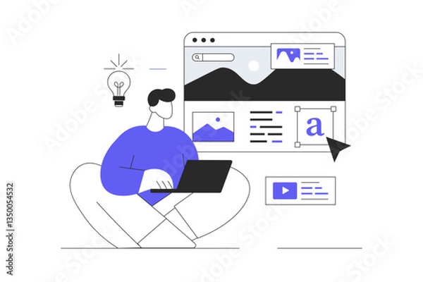 Fototapeta Web design studio concept. Development of graphics, pictures, brand site. UX UI design process for modern mobile application and website. Flat Cartoon Vector Illustration, icon. Stylish abstract 
