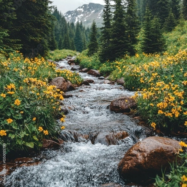 Obraz Mountain stream flows through wildflowers