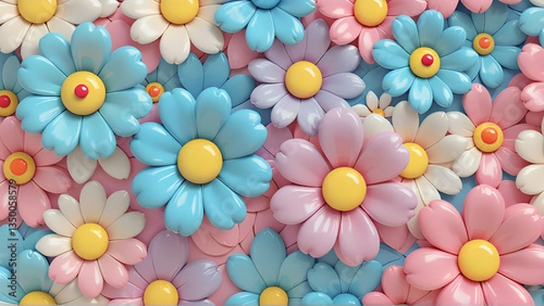 Fototapeta The image is a bright and playful pattern of three-dimensional flowers made in pastel colors. generative AI