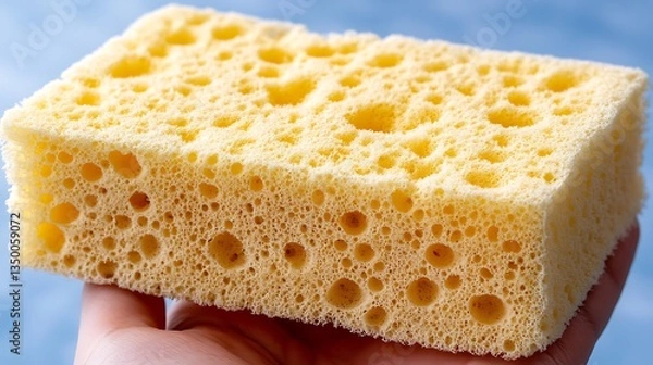 Fototapeta Close-up of a hand holding a yellow cleaning sponge with many holes.