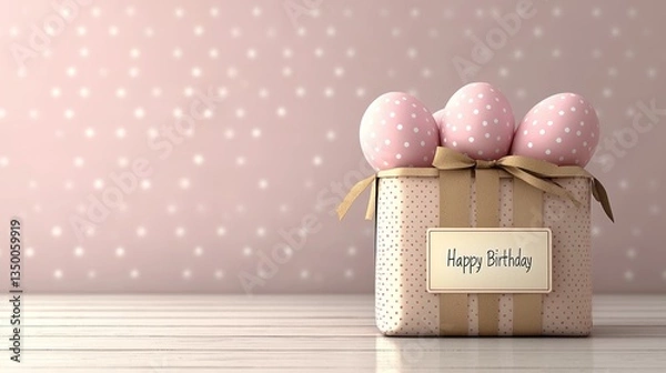 Obraz Pastel pink gift box with eggs, Happy Birthday