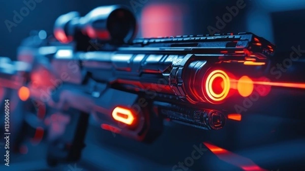 Fototapeta Futuristic Sci-Fi Weapon: Close-up of a technologically advanced laser rifle, with glowing red energy core, and high-tech scope.