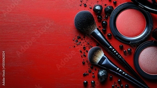 Obraz Makeup brushes and blush on red background