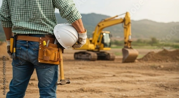 Fototapeta Construction Worker with Tool Belt and Hard Hat at Excavator Digging Site, Construction Site Safety, Engineering Project, Industrial Worker