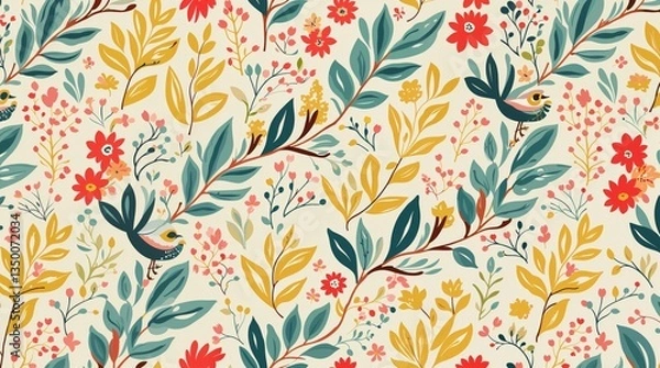 Fototapeta A lively floral pattern with birds, leaves, and vibrant flowers on a soft cream background. Playful, artistic, and nature-inspired, perfect for textiles and decor.