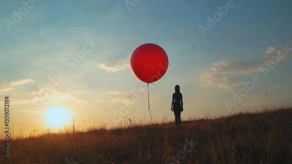 Fototapeta Silhouette of a person holding a large red balloon at sunset.  A solitary figure stands in a field as the sun sets, a large red balloon held in hand