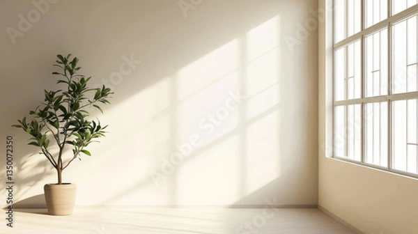 Fototapeta Studio room interior with plant leaves and window shadow and light on pastel beige wall and floor. Realistic 3d vector illustration of minimal empty scene for products display with soft foliage shade.