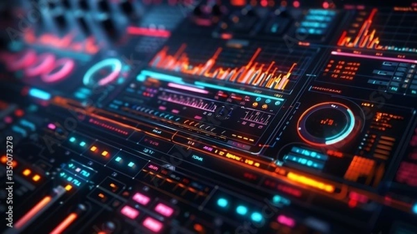 Obraz Digital interface displaying a real time analysis of chord progressions scales and rhythmic patterns in vibrant holographic visuals The modern design showcases AI driven music theory exploration
