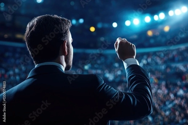 Fototapeta Male caucasian speaker addressing large audience at event with spotlights