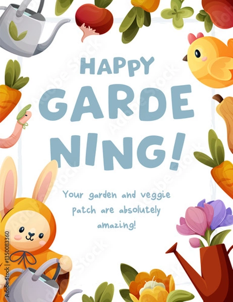 Obraz Gardening poster with a white background. Features cute vegetables and flowers, a bunny with a watering can, a chick, and happy gardening messages