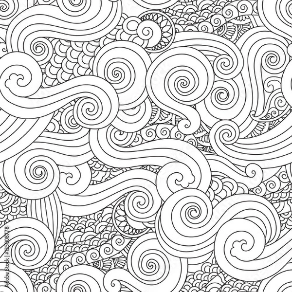 Fototapeta Abstract hand drawn outline wave curl seamless pattern in east asian style isolated on white background.