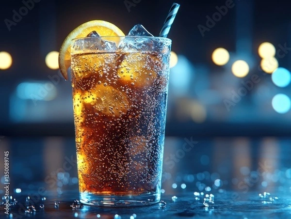 Fototapeta Refreshing cola drink with ice and a slice of lemon