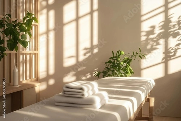 Fototapeta Mesa de massagem com toalhas brancas dobradas em ambiente minimalista com luz do sol filtrada por venezianas e plantas verdes ao redor, IA generativa