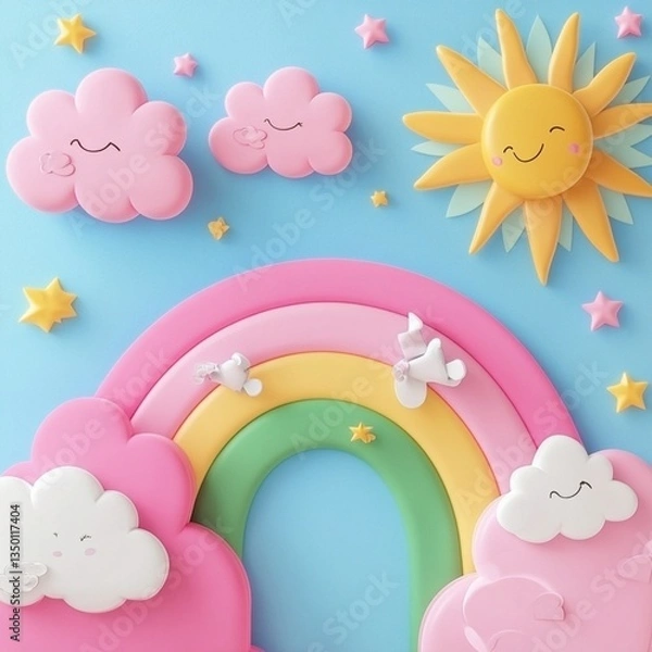 Obraz Pastel sky with clouds, sun, and rainbow