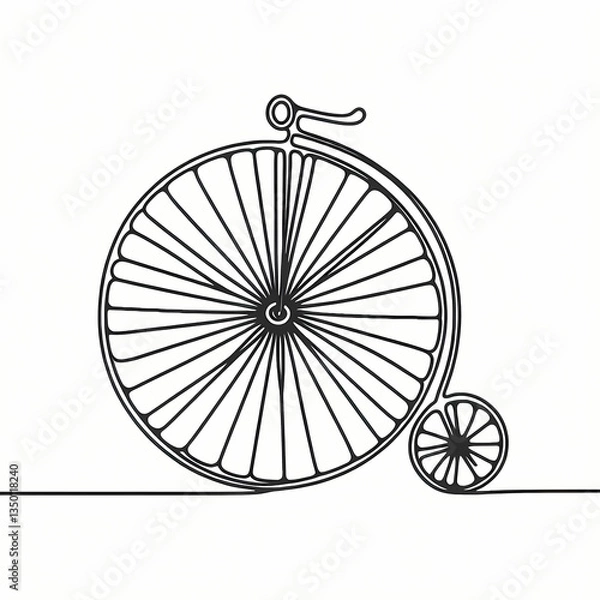 Fototapeta Continuous one-line drawing of a penny-farthing bicycle, smooth abstract curves forming a unique silhouette with oversized front wheel, evoking history, charm, and vintage cycling elegance