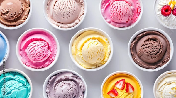 Fototapeta Colorful variety of ice cream flavors displayed in bowls ready for serving at a dessert shop