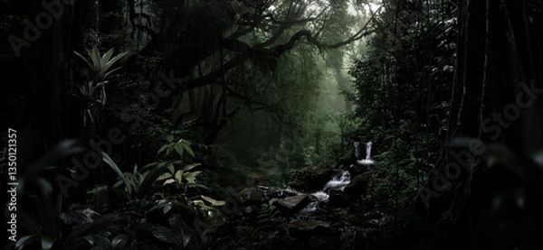 Fototapeta Dim light filters through the dense foliage of a tropical rainforest.