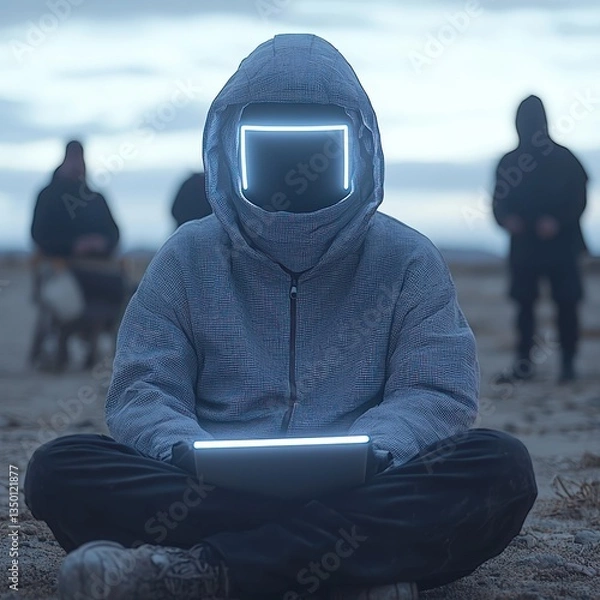 Fototapeta Mysterious figure meditating with a glowing laptop