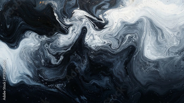 Fototapeta A mesmerizing black-and-white fluid marble texture with bold swirls and dynamic contrast. Modern, dramatic, and sophisticated, ideal for high-end decor and design.