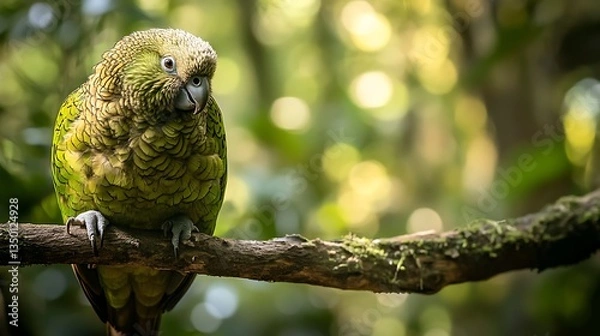 Fototapeta A kakapo parrot perched on a branch in the New Zealand rainforest
