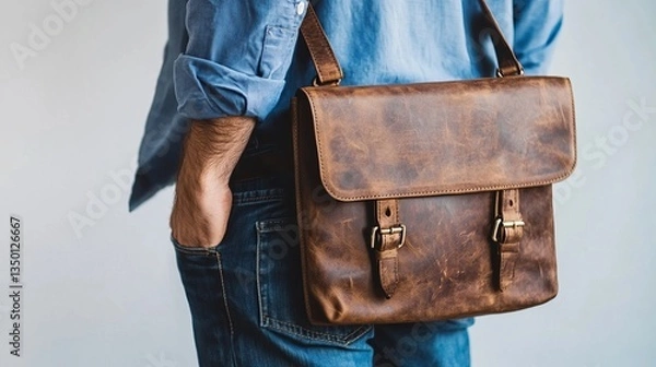 Fototapeta A brown leather men's shoulder bag, ideal for carrying documents and a laptop, worn by a man dressed in a blue shirt and jeans against a white background