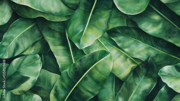 Fototapeta A lush pattern of tropical banana leaves in deep green tones. Rich, organic, and vibrant, perfect for nature-inspired decor, fashion, and contemporary design.