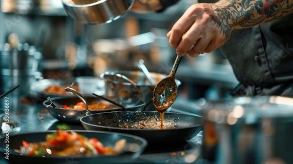 Obraz Chef Adding Sauce to a Pan