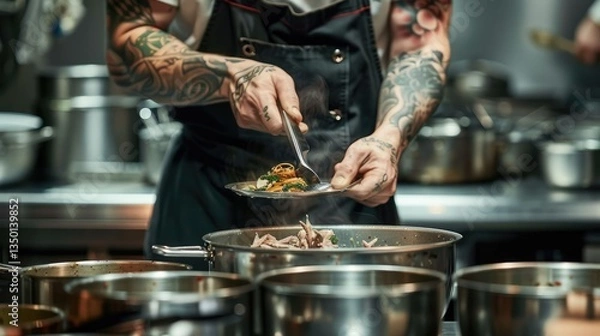 Obraz Chef in a Restaurant Kitchen Adding Dish to a Pot
