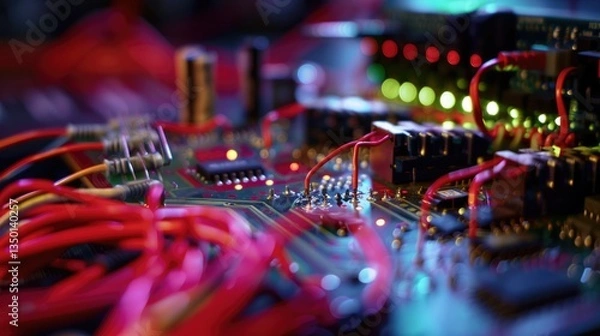 Fototapeta Close Up of a Circuit Board with Red Wires