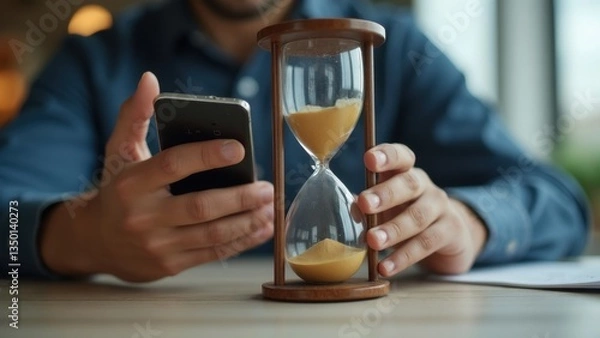 Fototapeta Man is holding a cell phone and a sand timer. The sand timer is set to a time of one minute. The man is looking at his phone
